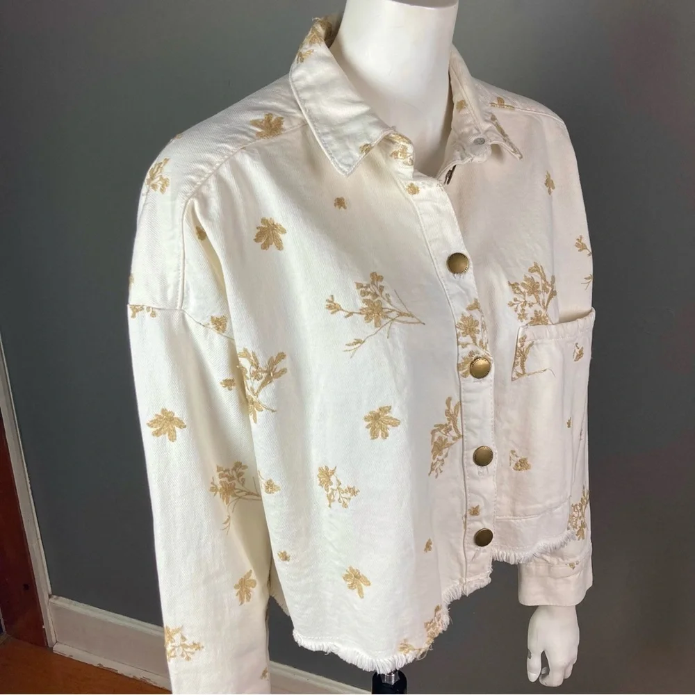 NEW Zara denim‎ jacket jean shirt white metallic floral embroidery extra small